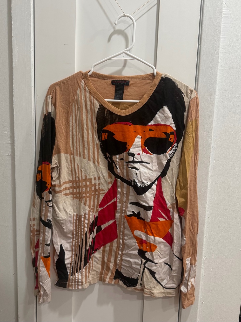 Custo Barcelona Graphic Long-Sleeve Shirt in Tan with Orange Accents